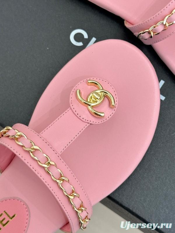 2025 Women Chanel Pink Lambskin Chain Toe Ring Sandals