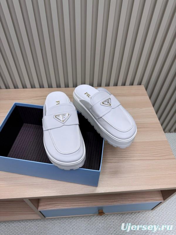 2025 Women Prada White Leather Slippers KFY00280