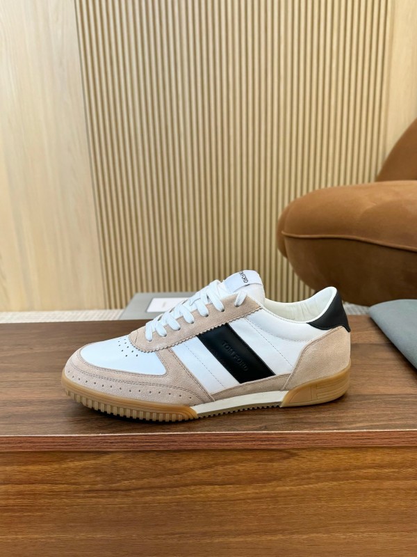 2025 Unisex TOM FORD White Black Beige Leather Suede Sneakers LY00360