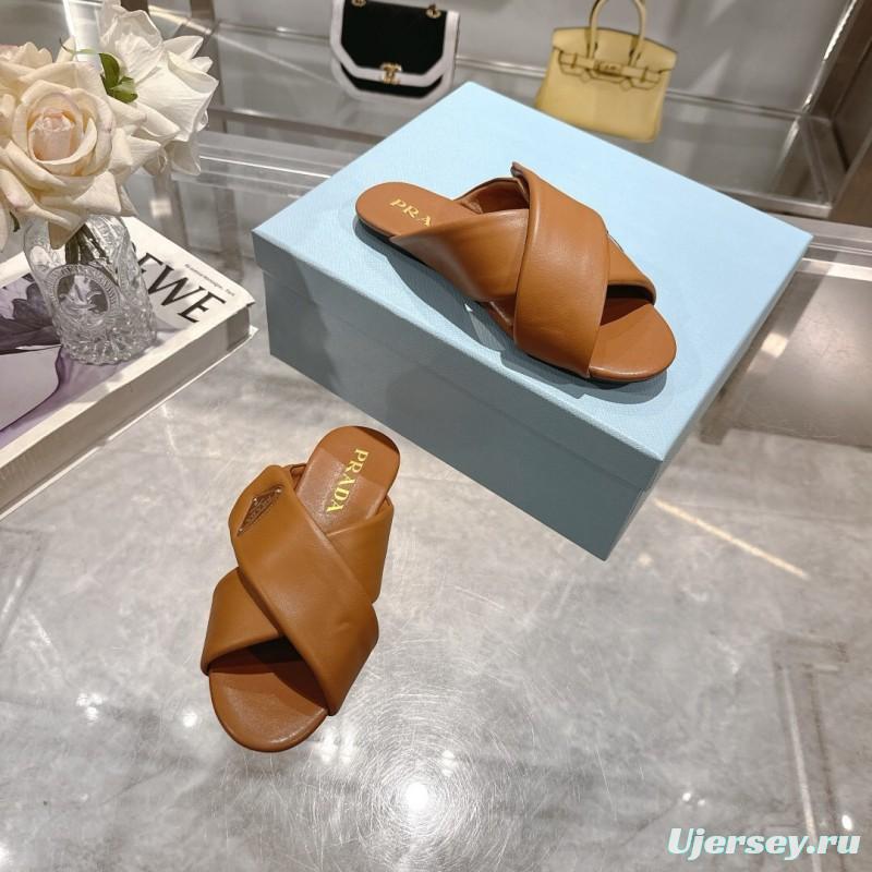 2025 Women Prada Brown Leather Slippers