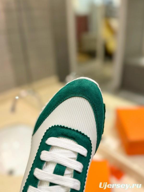 2024 Unisex Hermès White Green Mesh Suede Sneakers MJ00320