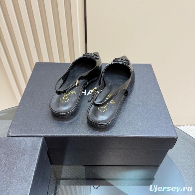 2025 Women Chanel Black Satin Leather Slingback Flats KFY00290