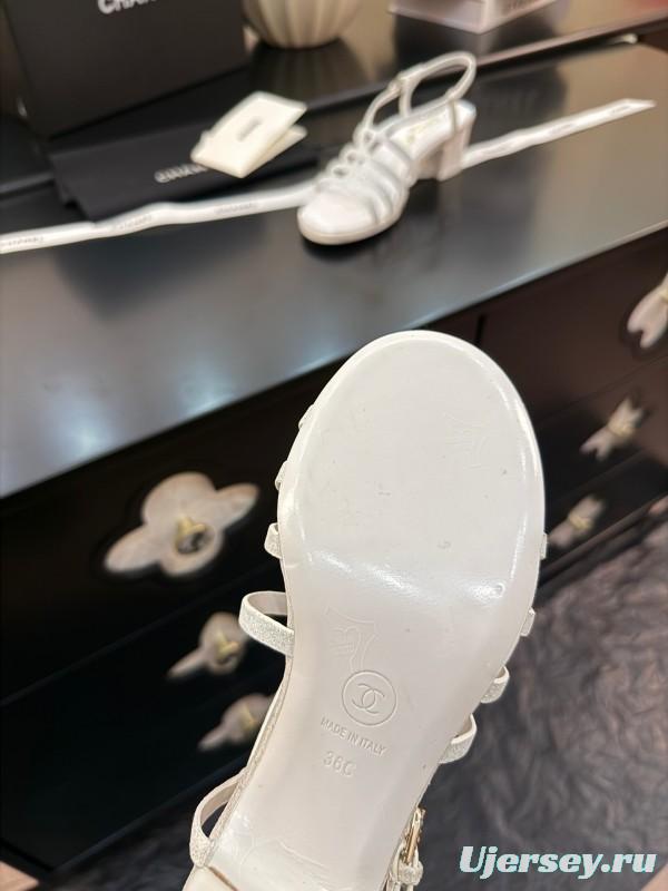 2025 Women Chanel White Leather Sandals