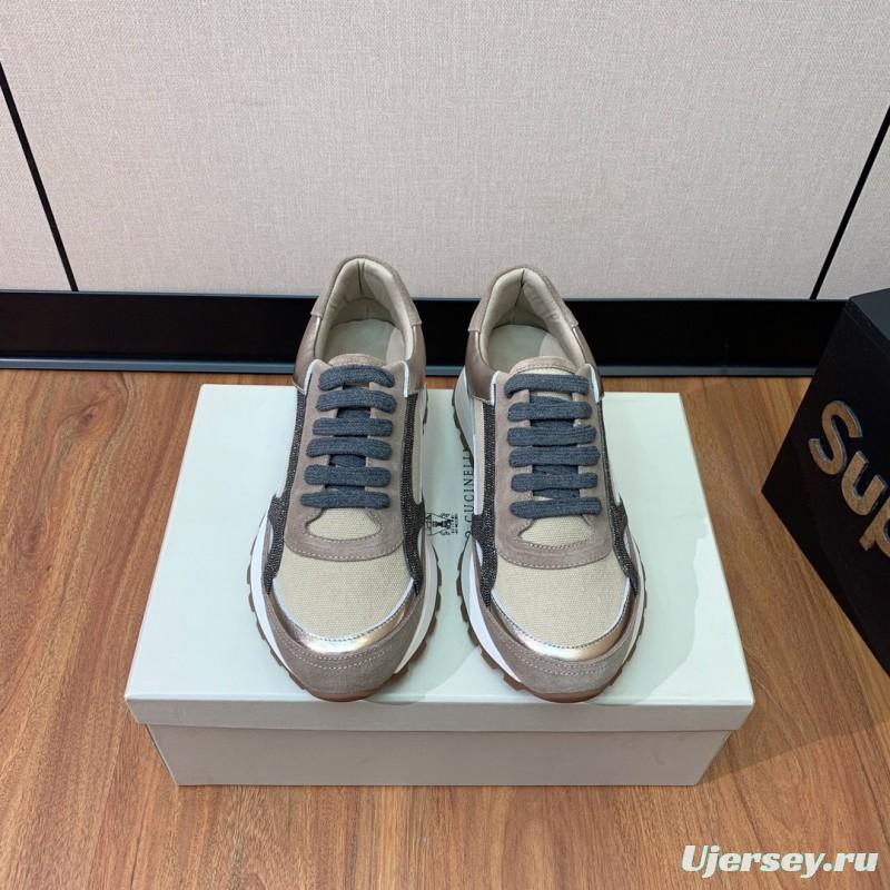 2025 Unisex Brunello Cucinelli Beige Grey Suede Mesh Sneakers LY