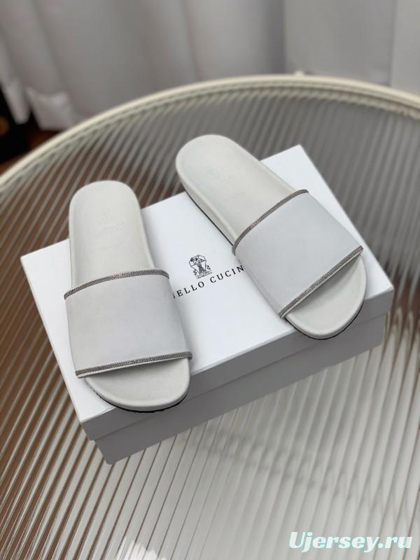 2025 Unisex Brunello Cucinelli White Imported Suede Flat Slide Sandals Handmade Beaded Chain Inlay KFY00240