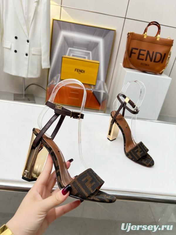2025 Women Fendi Brown Leather Suede High Heel Sandals