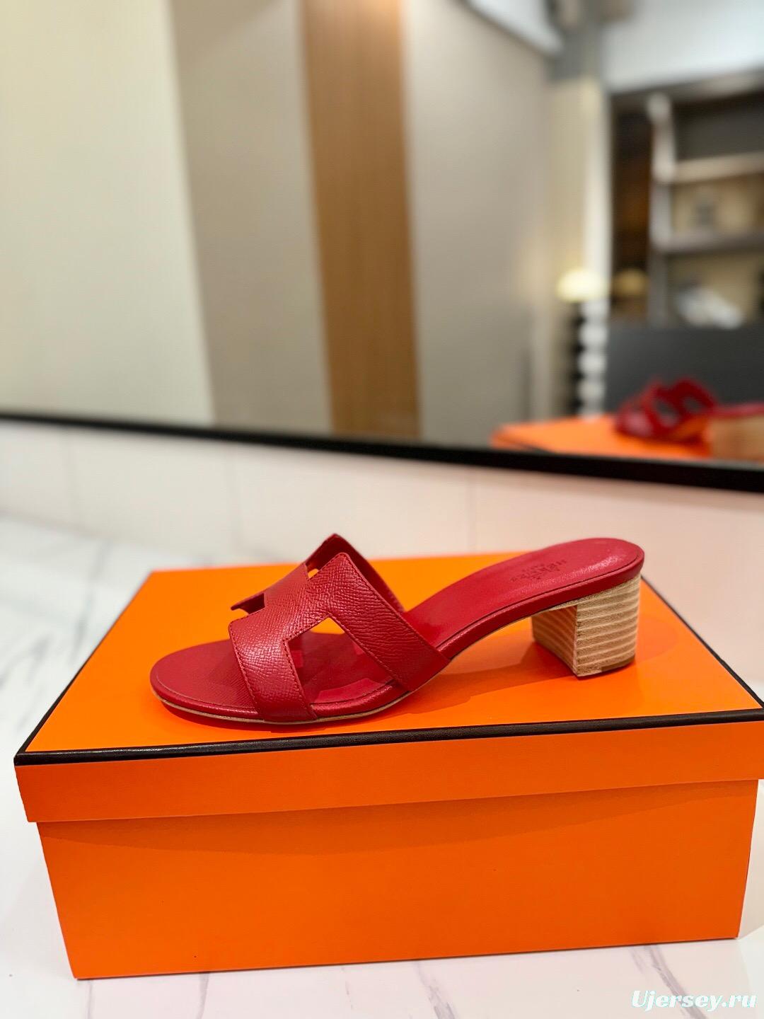 2025 Women Hermès Red Leather Slides