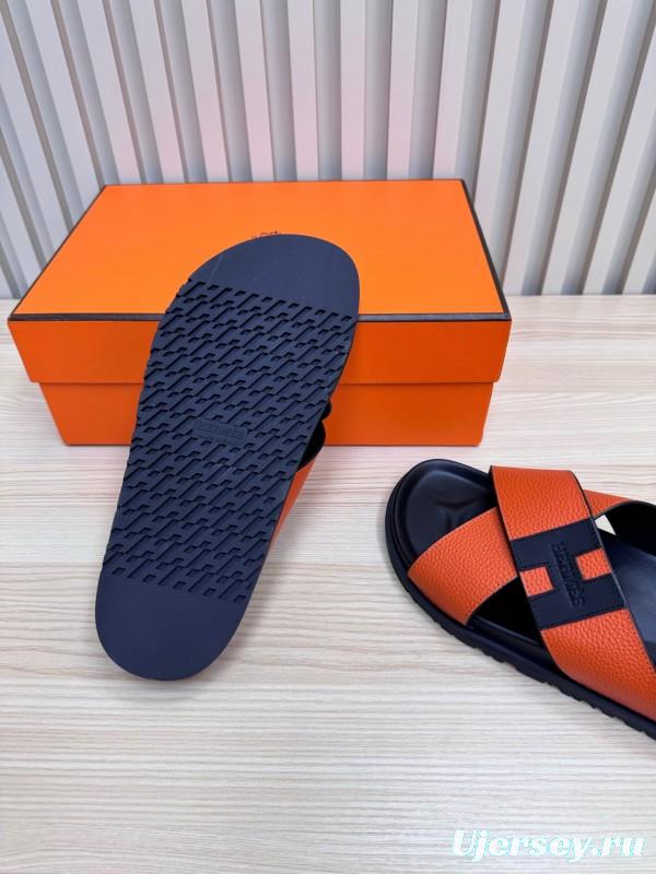 2025 Slippers Hermès Orange Black Leather Slippers