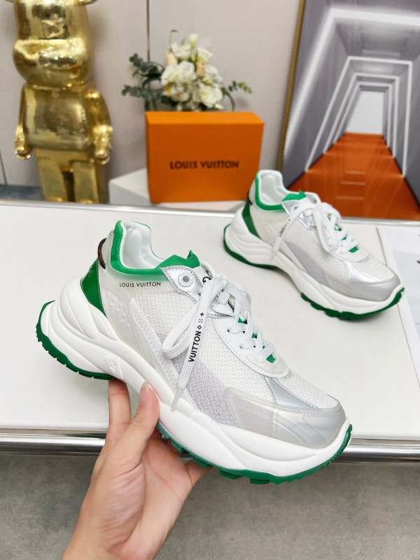2025 Unisex Louis Vuitton White Green Leather Mesh Rubber Sneakers LY00340