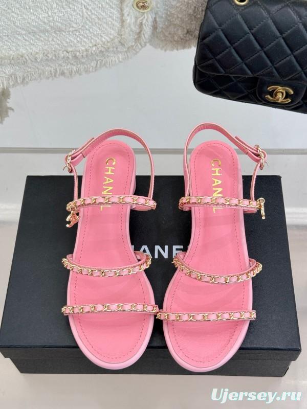 2025 Women Chanel Pink Leather Chain Strap Sandals