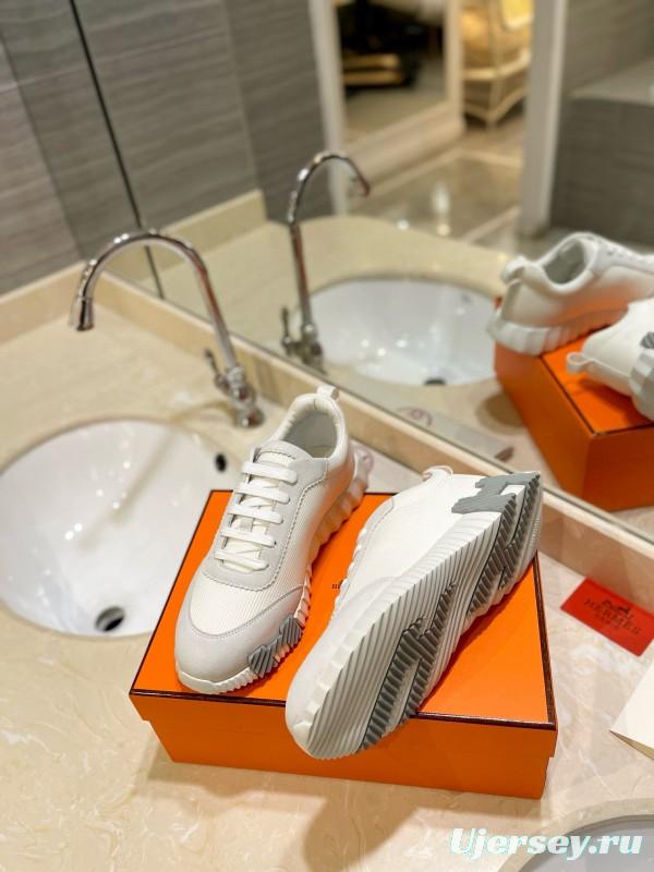 2024 Unisex Hermès White Cream Imported Silky Goat Suede Nylon Sneakers MJ00320