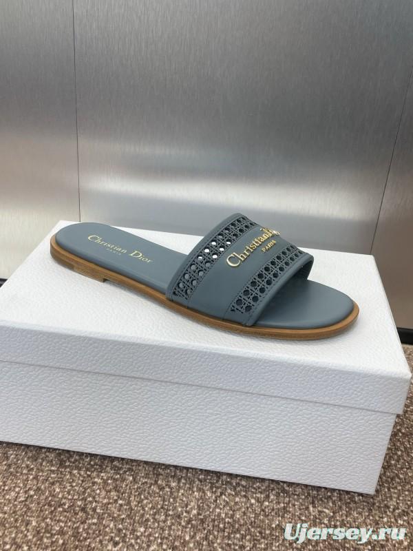 2025 Women Dior Blue Leather Slippers KFY00300