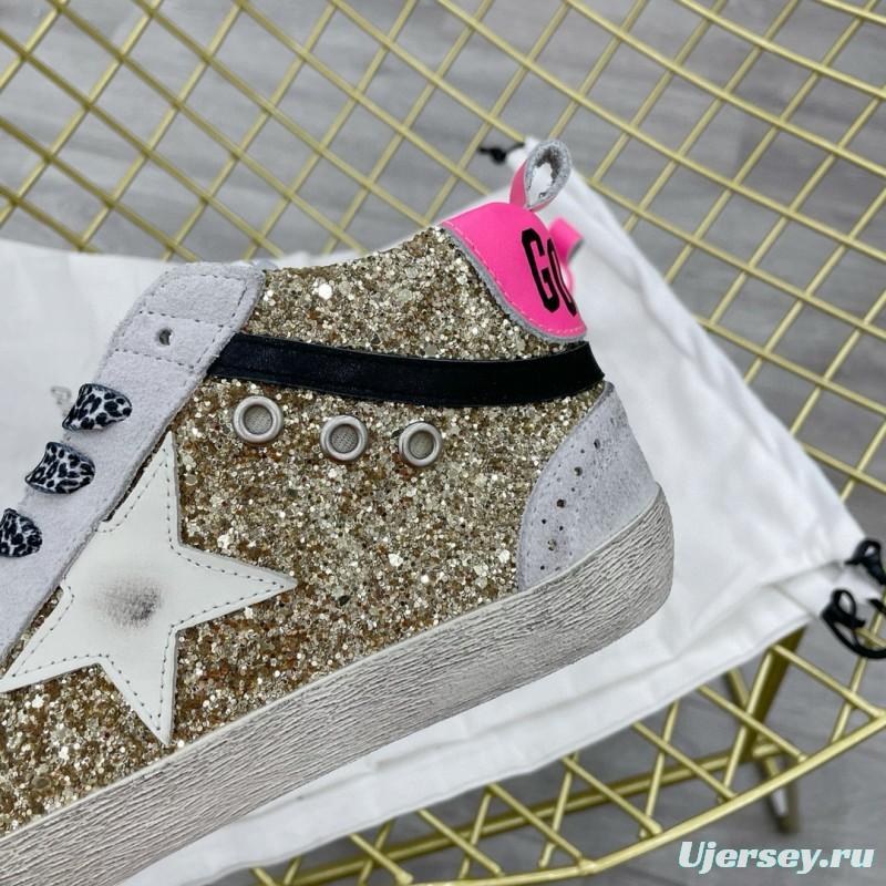 2024 Women GGDB Gold White Leather Glitter High Top Sneakers MJ015AM