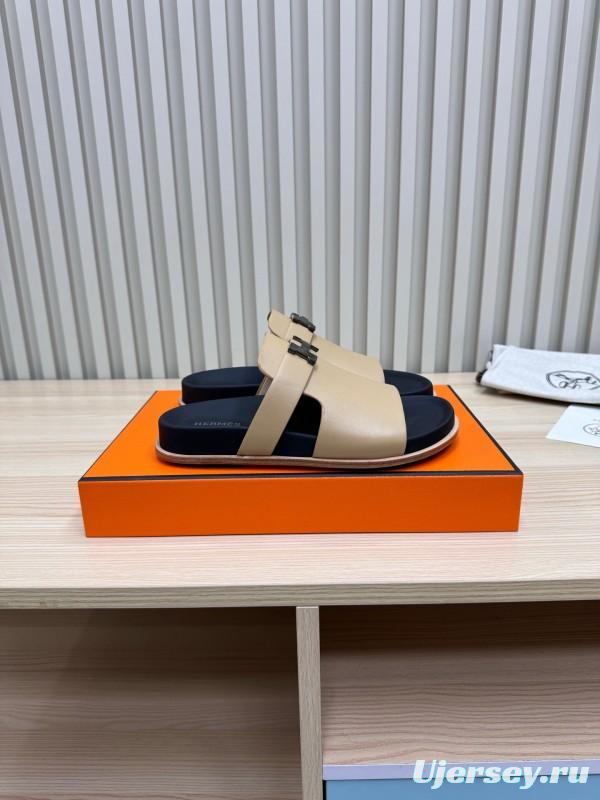 2025 Slippers Hermès Beige Black Leather Slippers