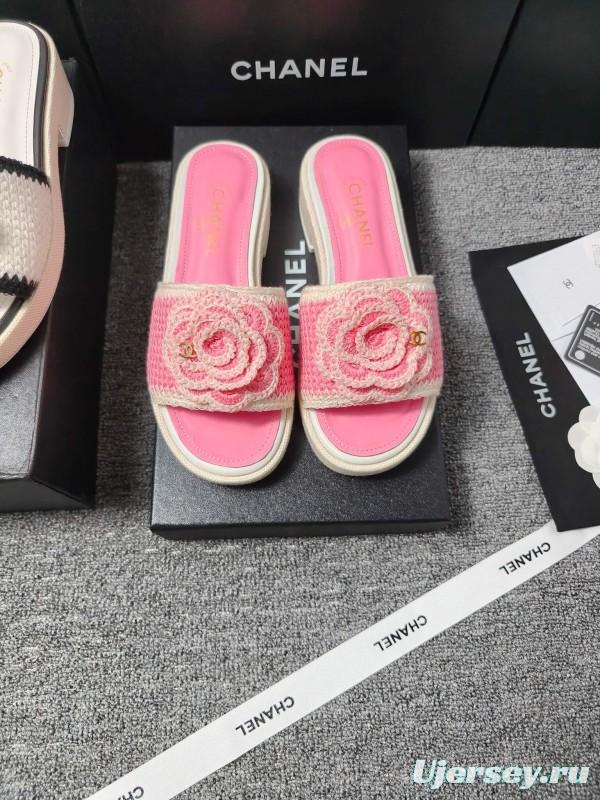 2025 Slippers Chanel Pink Straw Slide Floral LY00360