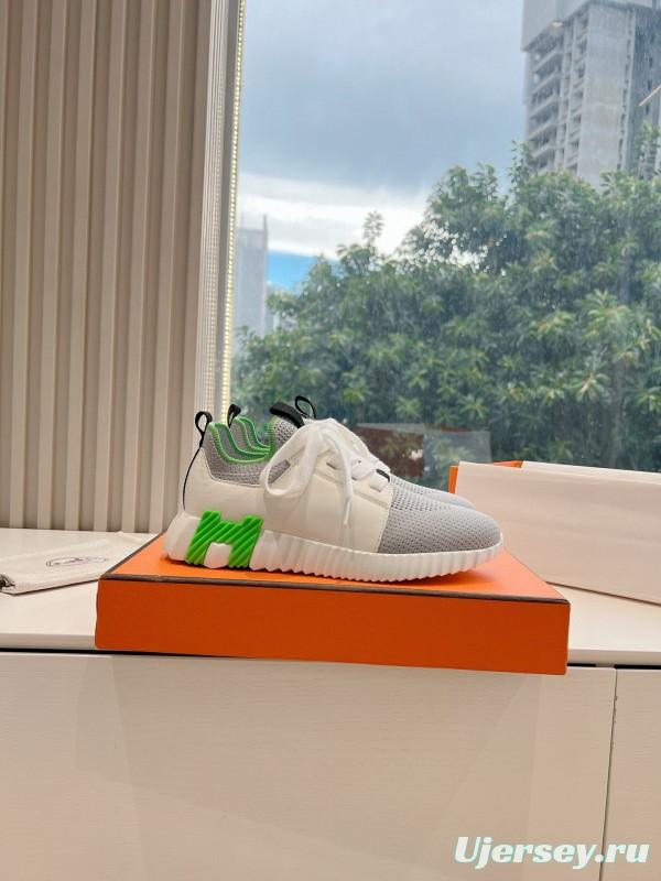 2024 Unisex Hermès White Green Calfskin Suede Sneakers MJ00290