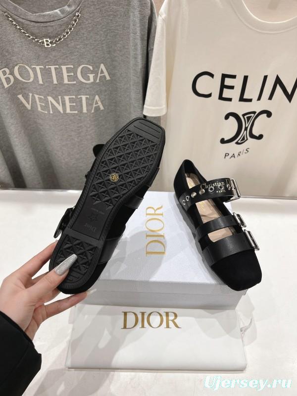 2025 Women Dior Black Leather Suede Mary Jane Buckle KFY00300