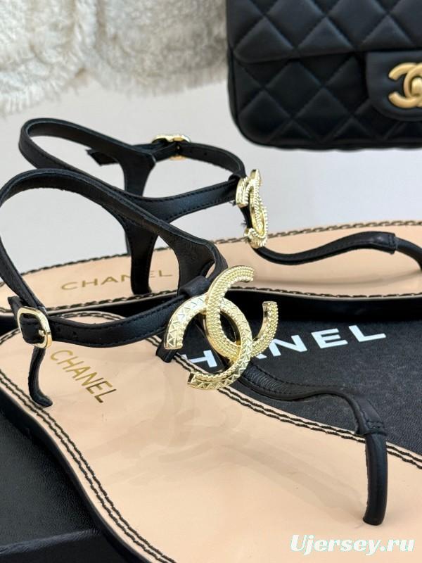 2025 Women Chanel Black Leather Sandals KFY00290
