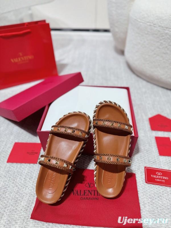 2025 Women Valentino Brown Leather Sandals Braided Rope Sole LY00250