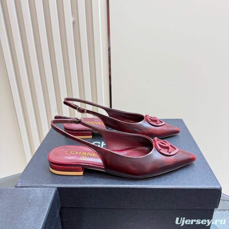 2025 Women Chanel Bordeaux Leather Slingback Sandals KFY00290