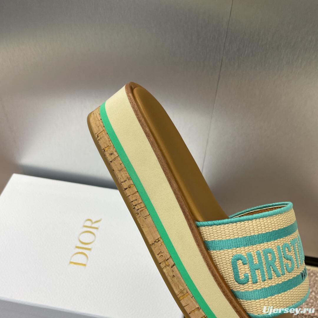 2025 Women Dior Blue Beige Fabric Leather Platform Slide Sandals
