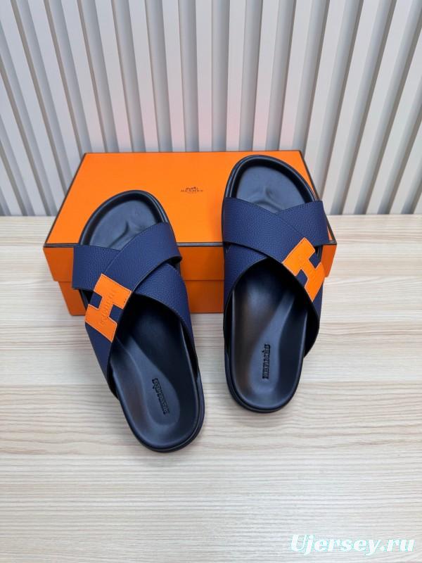 2025 Slippers Hermès Navy Orange Leather Cross Strap