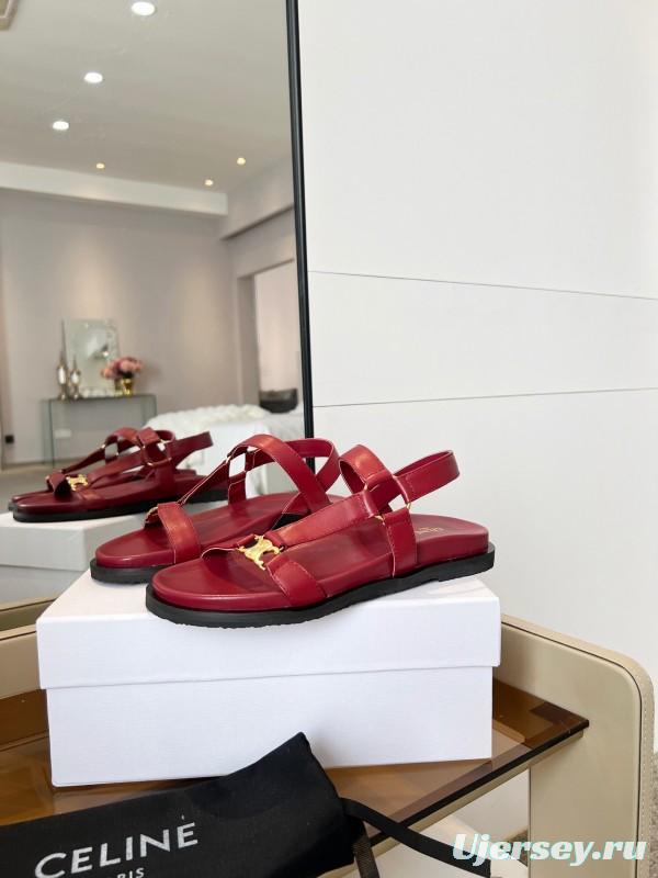 2025 Women Celine Red Leather Sandals LY00220