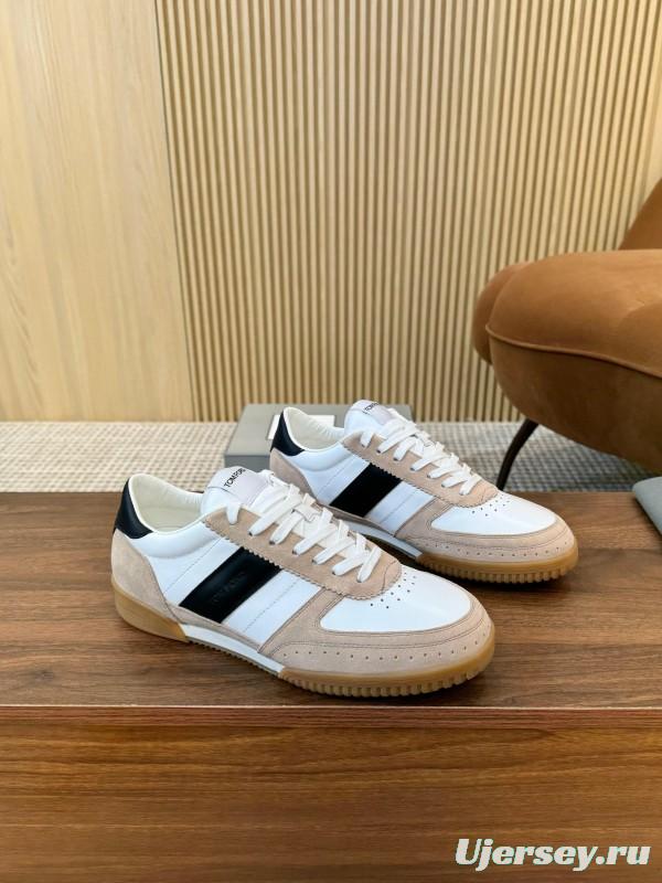 2025 Unisex TOM FORD White Black Beige Leather Suede Sneakers LY00360