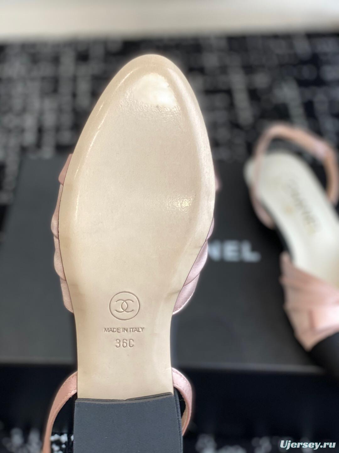 2025 Women Chanel Pink Black Silk Leather Sandals Satin Bow KFY00289