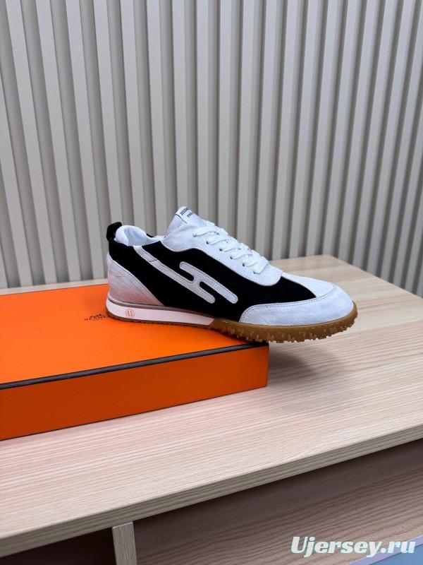 2025 Unisex Hermès White Black Suede Goat Leather Sneakers Top Version LY00310