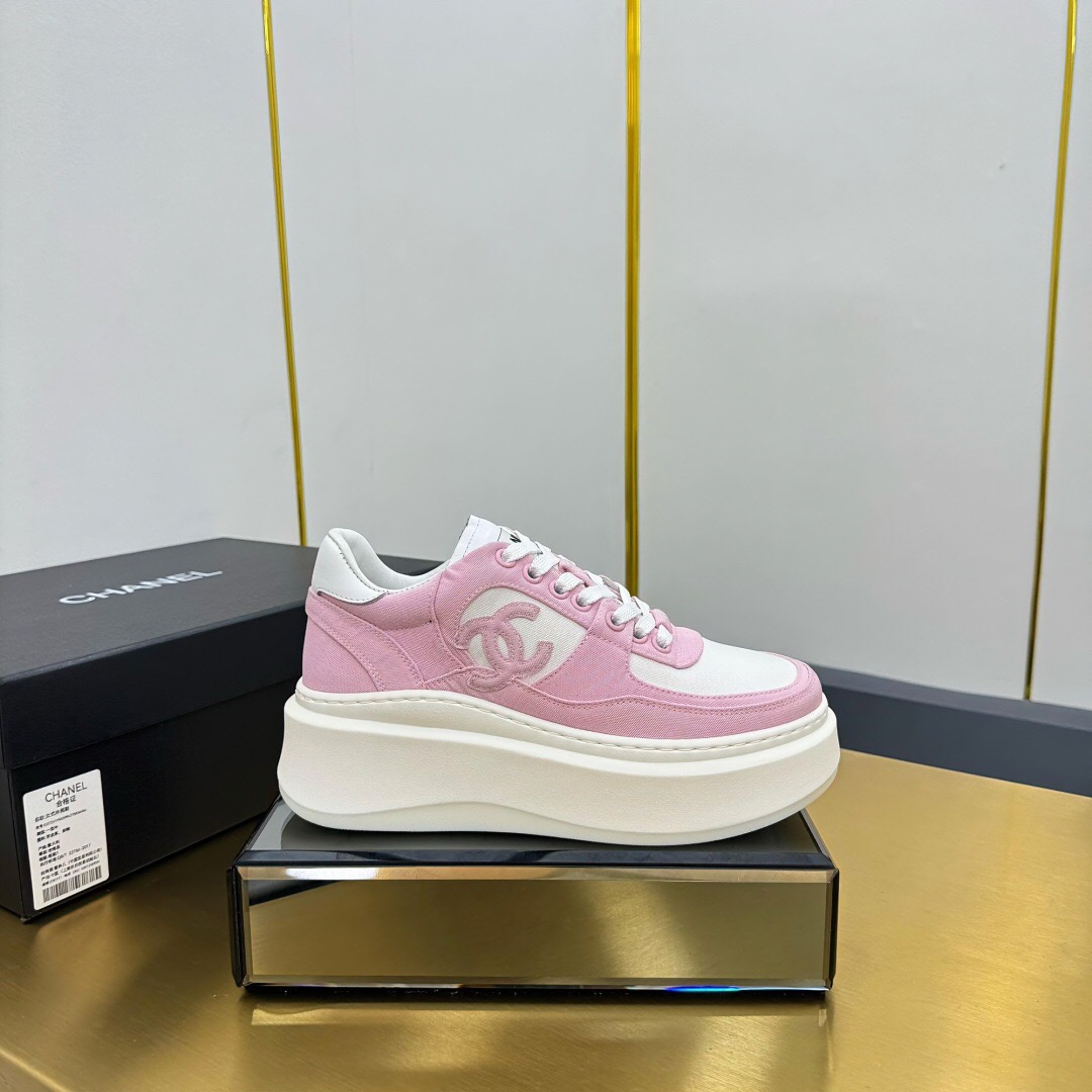 2025 Women Chanel Pink White Leather Suede Platform Sneakers