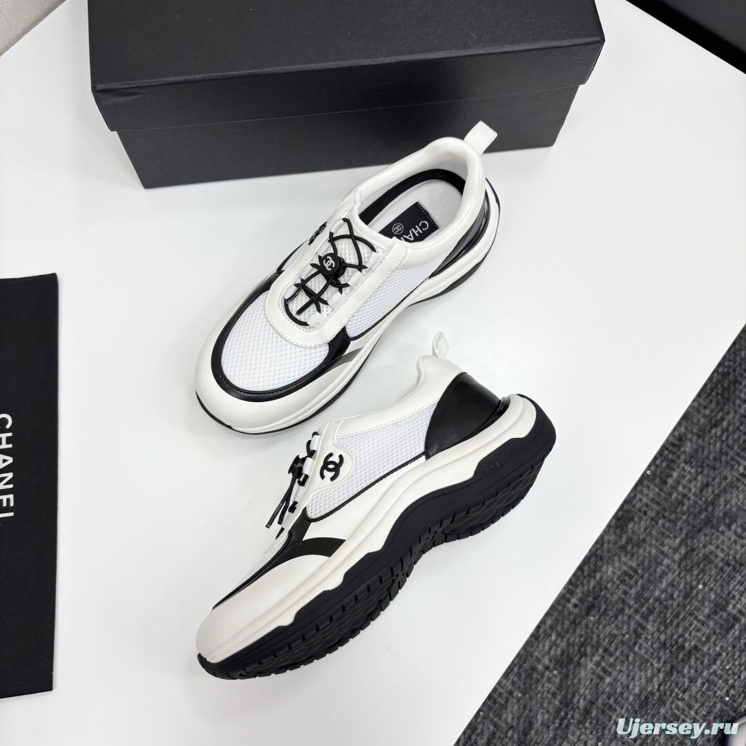 2025 Unisex Chanel White And Black Silk Leather Panda Sneakers With Embroidery Detail CHN2025