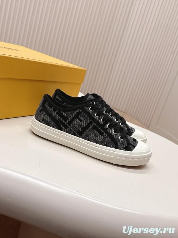 2025 Women Fendi Black Grey Fabric Leather Sneakers