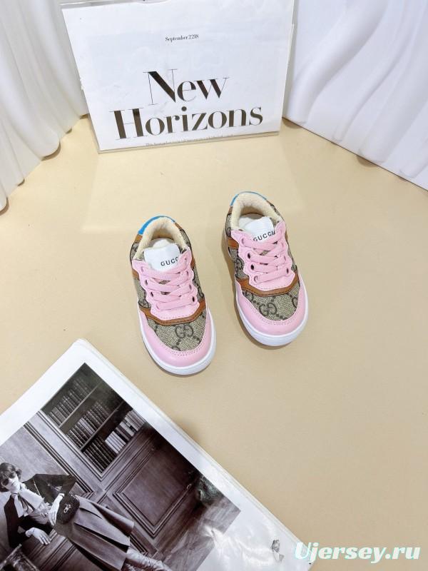2024 Kids Gucci Pink Beige Canvas Leather Sneakers