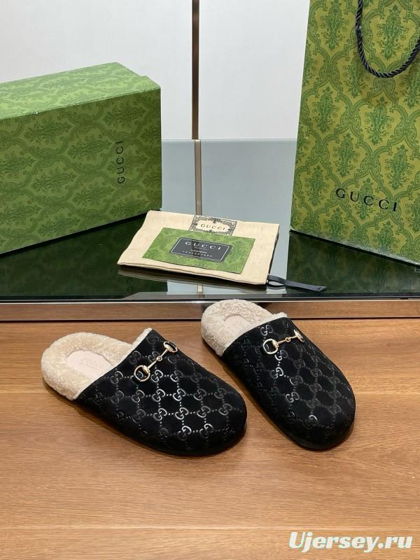 2024 Slippers Gucci Black Shearling GG Pattern