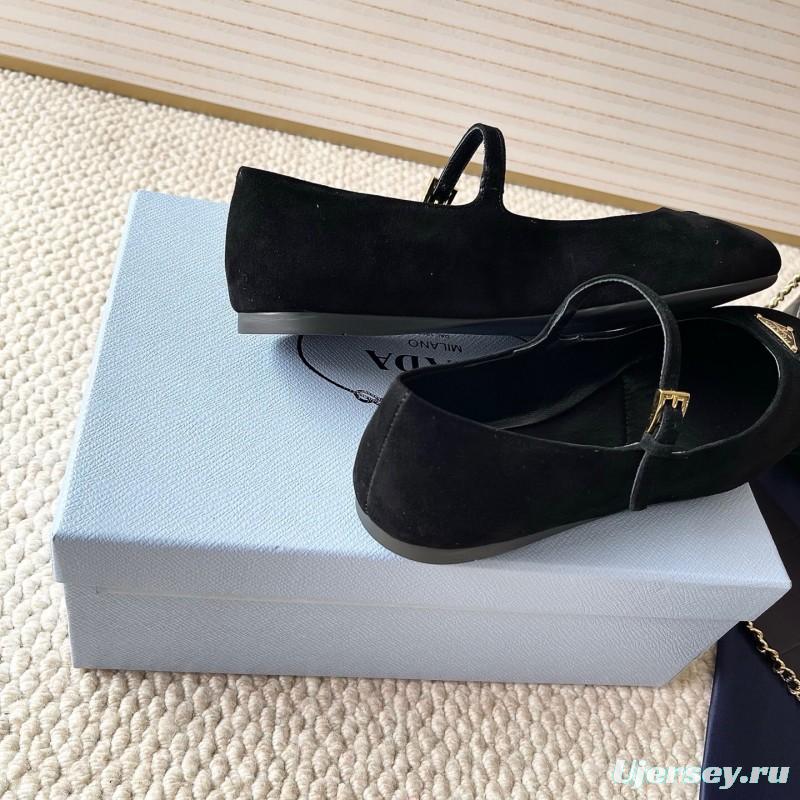 2025 Women Prada Black Suede Mary Jane Ballet Flat