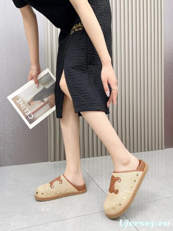 2025 CELINE Beige Leather Raffia Slippers LY00240