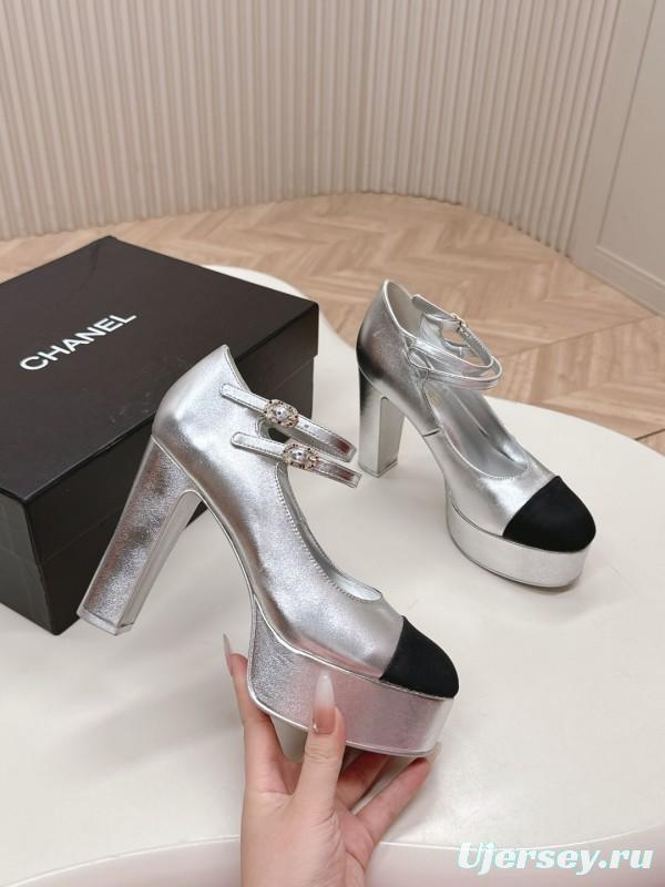 2025 Women Chanel Silver Black Leather Mary Jane Platform Heels