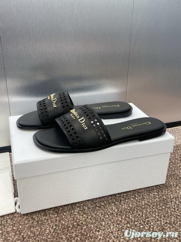 2025 Women Dior Black Leather Slides
