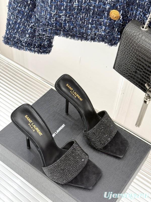 2025 Women Yves Saint Laurent Black Rhinestone Leather High Heel Slippers LY00300