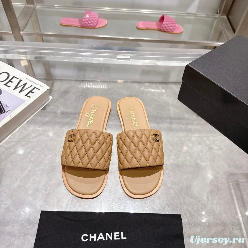 2025 Women Chanel Beige Lambskin Slippers LY00240
