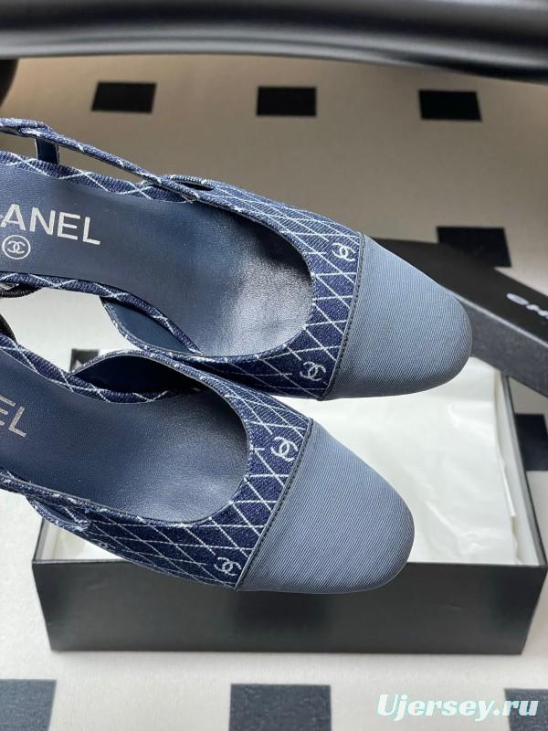 2025 Women Chanel Blue Denim Leather Sling-back Heels