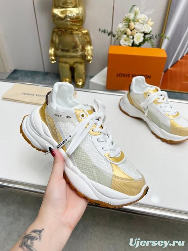 2025 Women Louis Vuitton White Gold Mesh Leather Sneakers LY00340