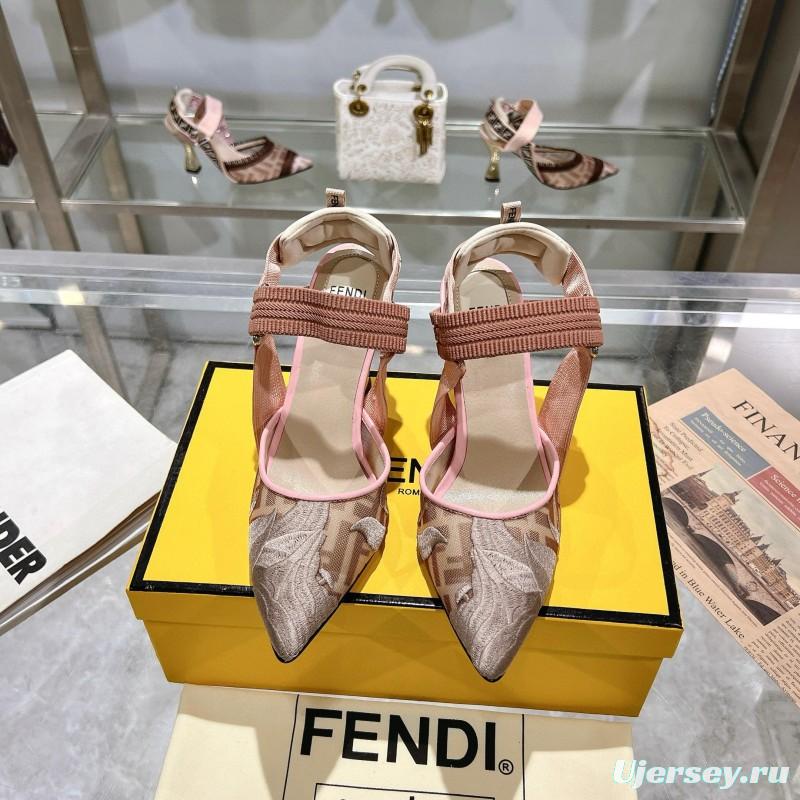 2025 Women Fendi Pink Beige Fabric Leather High Heels