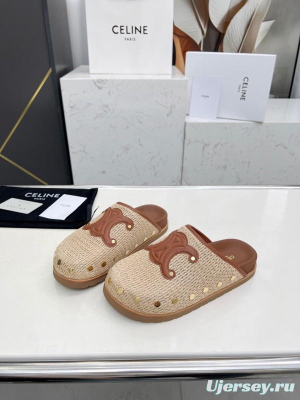 2025 CELINE Beige Leather Raffia Slippers LY00240
