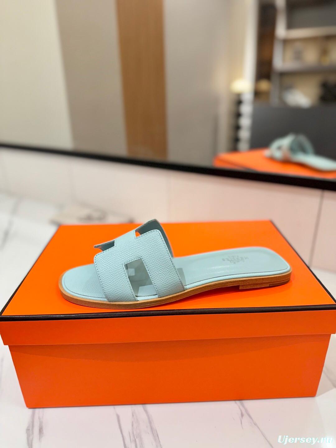 2025 Women Hermès Light Blue Leather Slippers