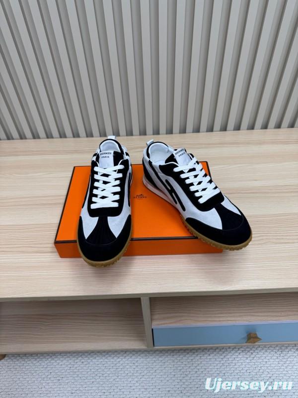 2025 Unisex Hermès Black White Suede Goat Leather Sneakers Top Version LY00310