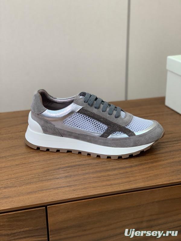 2025 Unisex Brunello Cucinelli Grey White Suede Mesh Leather Sneakers Handcrafted Beaded Chain KFY00310