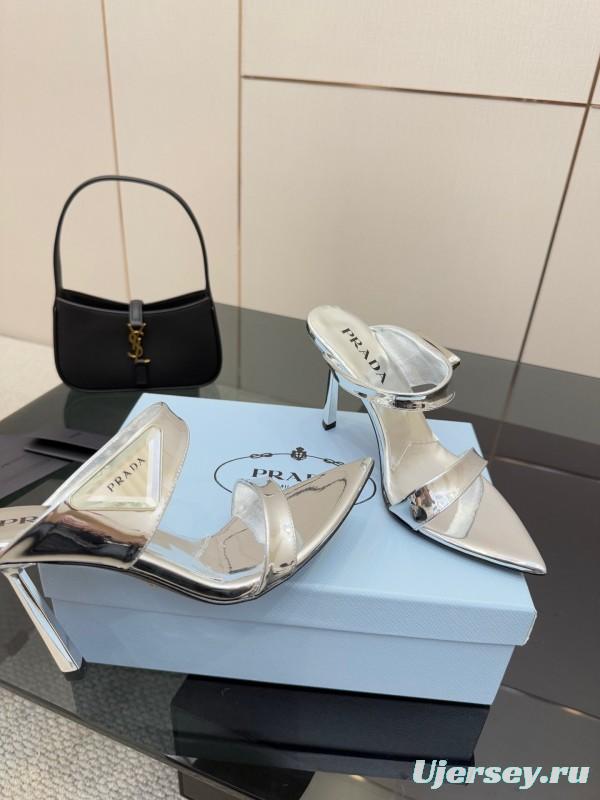 2025 Women Prada Silver Leather Pointed Toe Sandals