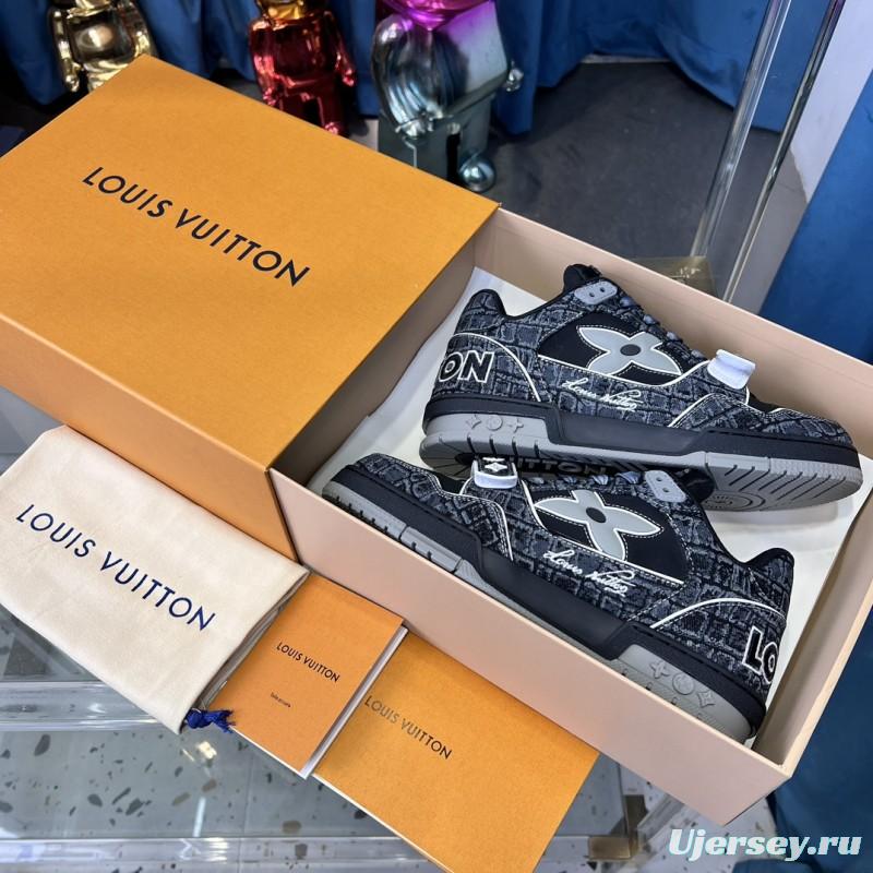 2025 Unisex Louis Vuitton Black Grey Leather Canvas Plimsolls Stitching LV0038